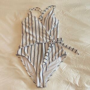 Cupshe White and Black Striped One-Piece Swimsuit